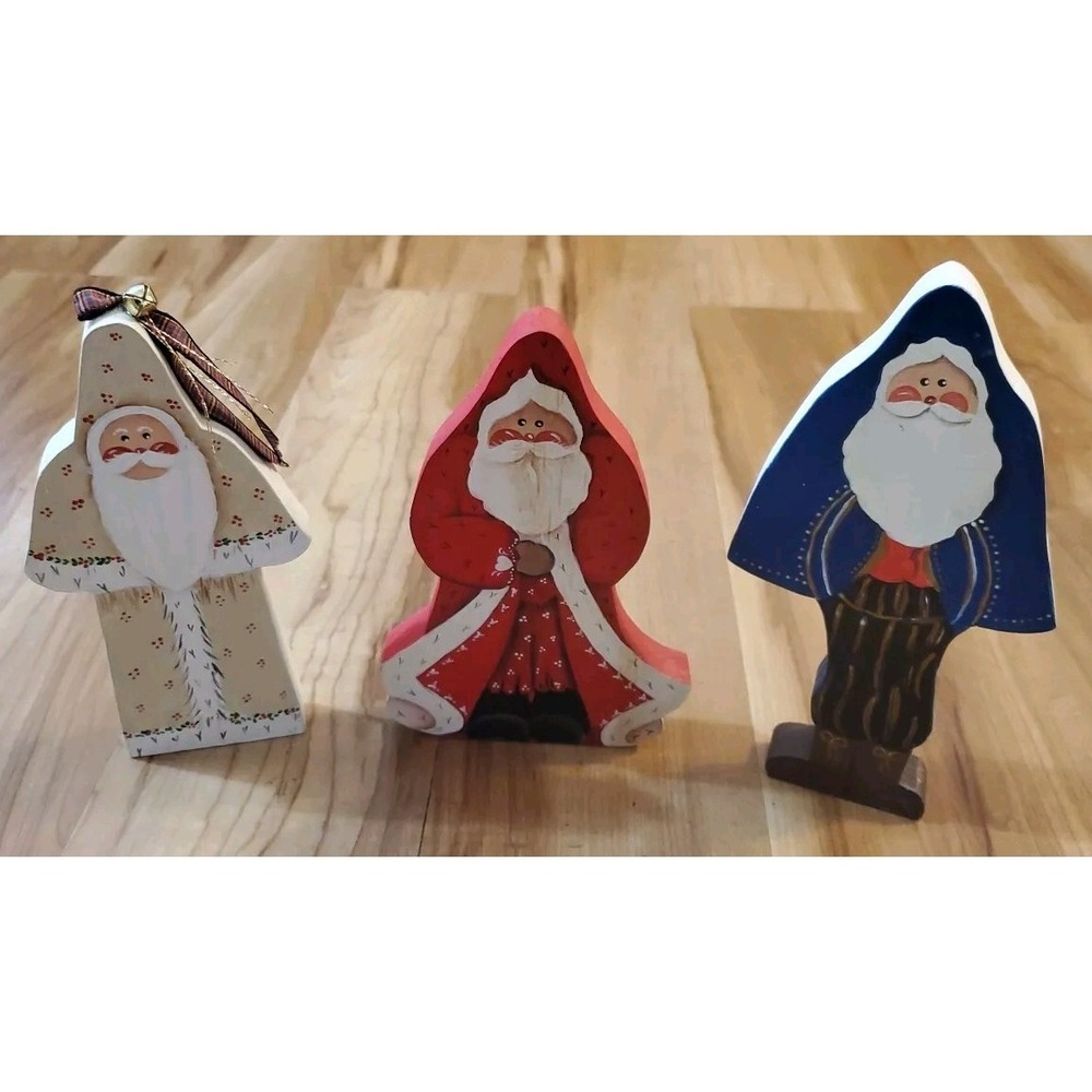 VTG Primitive Folk Art Wooden Santa Claus Hand Painted Christmas Decor Lot Of 3